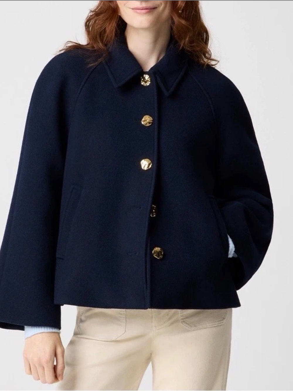 J.Crew Cropped Wool Blend Swing Coat Navy Gold Crest Buttons Preppy L NWT $298